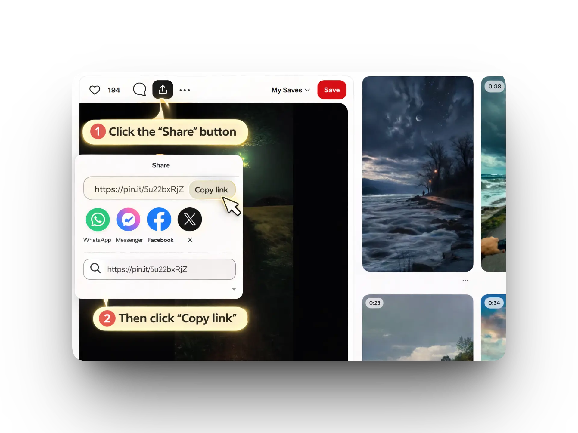 Tapping the Share icon in the Pinterest app to copy a video link