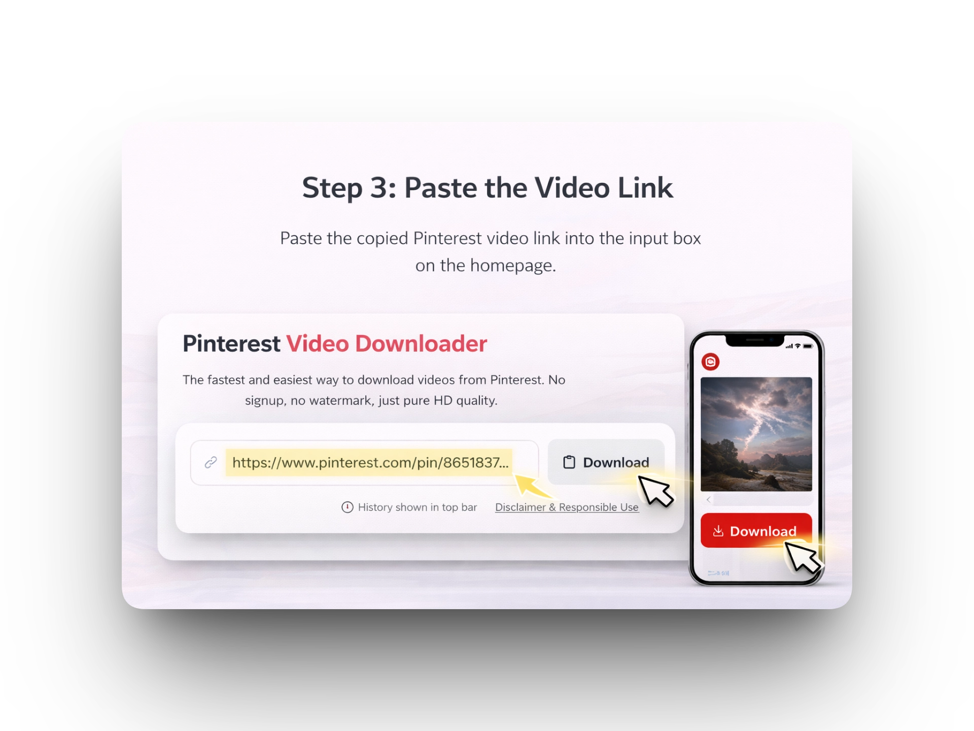 Pasting a Pinterest video link into the PinVideo.io download input box